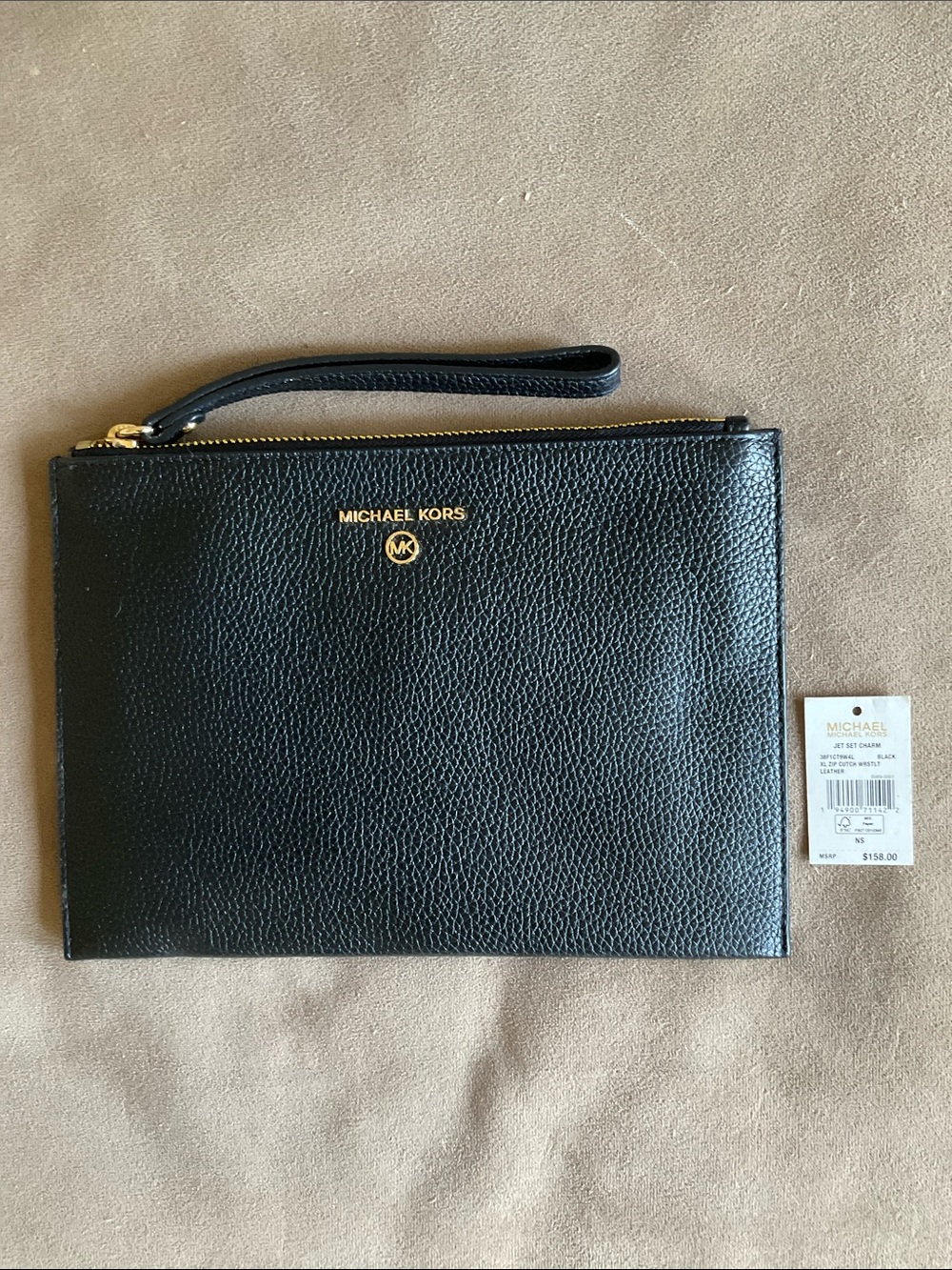 Michael Kors Jet Set Charm XL Black Pebbled Leather Zip Clutch Wristlet